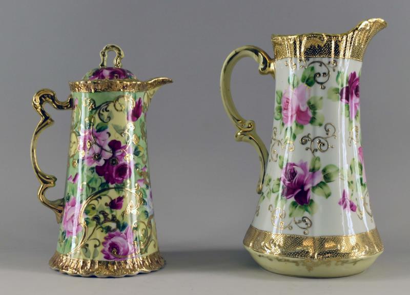 Nippon Gold Encrusted Hand Painted Chocolate Pot: Consisting Of A Heavy Gold Gilt And Hand Painted Chocolate Pot With Pink, Red And White Roses. The Chocolate Pot Measures 10" Tall And 6.5" Spout To Handle. In Very Good Condition, A Little Wear To Th