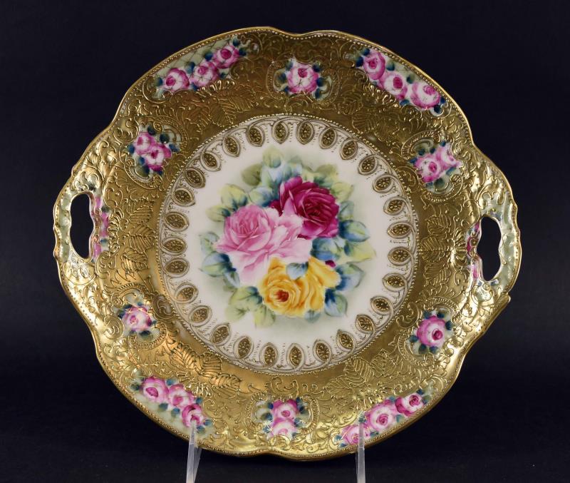Nippon Gold Encrusted Moriage H. P. Rose Plate: Featuring A Gold Encrusted Double Handle Tid Bit Tray Hand Painted With Yellow, Pink And Red Roses. The Plate Measures 10.5" Across The Handles, In Very Good Condition, Little To No Wear On The Gold A