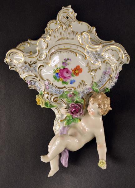 Carl Thieme Dresden Porcelain Wall Pocket: Early 20th Century Carl Thieme Dresden Porcelain Wall Pocket In V-shaped Form. The Pocket Is Decorated With Hand Painted Flower Sprigs And Encrustation's, With A Cherub On The Bottom.. Measuring 14&rd