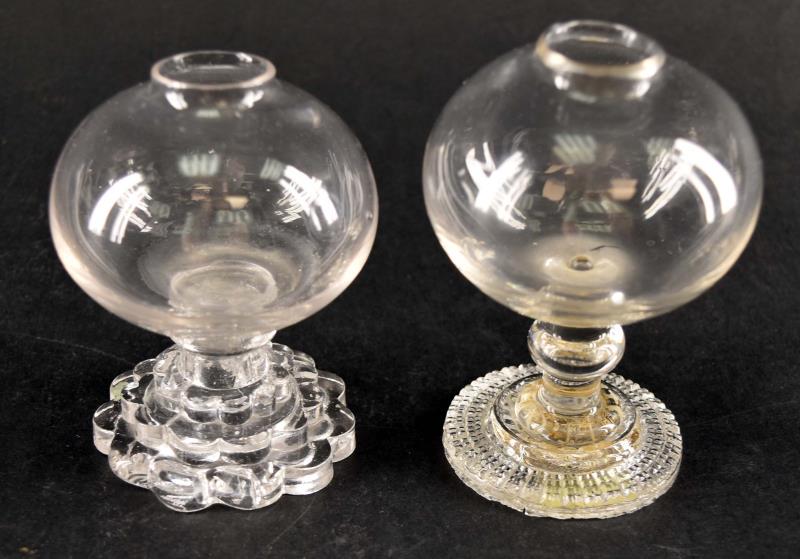 Free Blown And Pressed Whale Oil Lamp: Consisting Of Two Free Blown Globe Lamp With Pressed Glass Bases. Measuring 4" Tall And 2.75" Wide. Both Are In Good Condition, No Nicks, Chips Or Cracks.