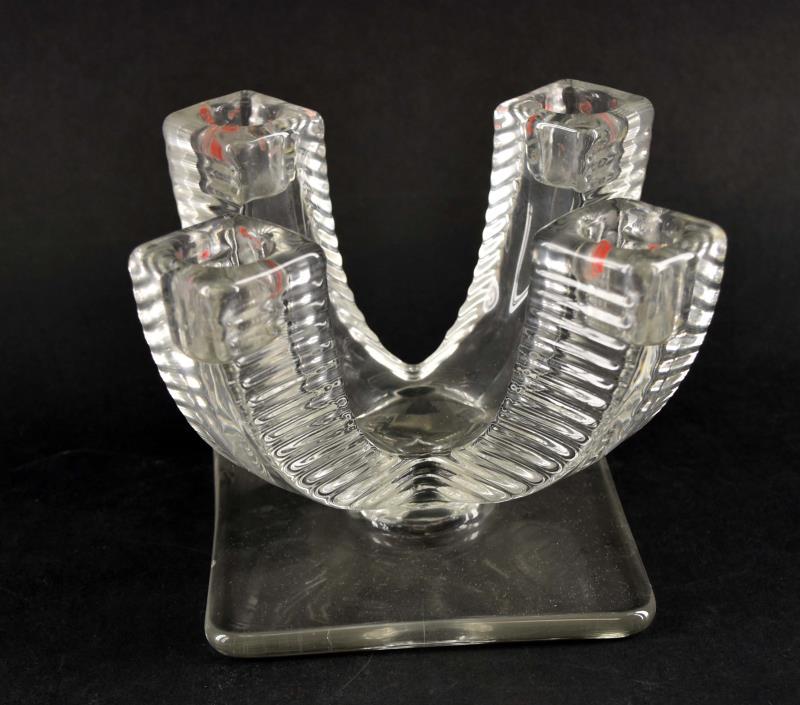 Pressed Glass 4-light Candelabra: Featuring A Curved Four Light Clear Glass Candelabra, Measuring 5" Tall And A 5" Square Base. The Candelabra Is In Good Condition, Wax Residue, No Chips Or Cracks.
