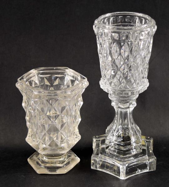Two Early Glass Float Lamps: Featuring Two Float Lamps With A Diamond Pattern. The Taller Of The Float Lamps Is Probably Sandwich Glass And Has Several Bubbles In The Glass And The Inside Of The Pedestal Base Has Several Rough Ar