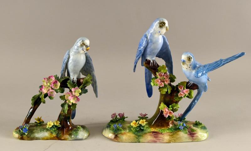 Crown Staffordshire J. T. Jones Parakeet Figurines: Featuring Two Crown Staffordshire Of Blue Parakeets, Designed And Modeled By J. T. Jones. The Two Parakeets Measures 8.5" Tall, 8" Wide And 3" Deep. Both Birds Are In Good Condition, There Is One Or T