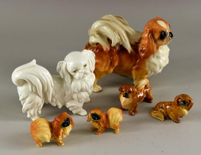 Pekingese Dog Figurines: Featuring Six Various Size Pekingese Dog Figurines, One Is Marked Royal Worcester And Another Has A Shafford Collection Foil Label. All The Figures Are In Good Condition, No Chips Or Cracks. The Large