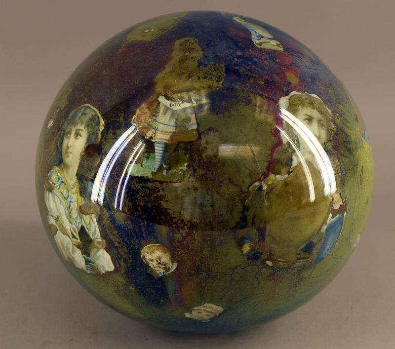 Victorian Potichomania Witch Ball: Consisting Of A Large Victorian Potichomania Witch Ball, 19th C., Blown Glass Ovoid, Decorations Include Women And Children. The Ball Measures Fairies, Ships, Children, Acrobats, 8"h X 8"d. No Stand, 