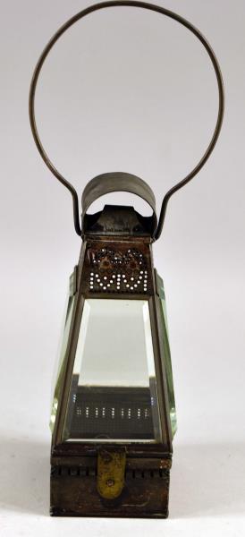 Uncommon Whale Oil Lantern Or Light: Consisting Of A The Tapering Square Top And Beveled Glass Sides, With Pierced Punch Top. The Lantern Measures 9" Tall And 3" Square. Good Condition For Age.
