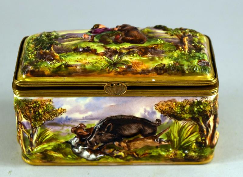 Capodimonte Hunting Scenes Box: Capodimonte Porcelain Hinged Box, Late 19th Or Early 20th Century, Of Rectangular Form, The Lid Having A High Relief Hunting Scene As Well As The Sides Of The Box. The Box Has A Frame Gold Gilt Hinge,