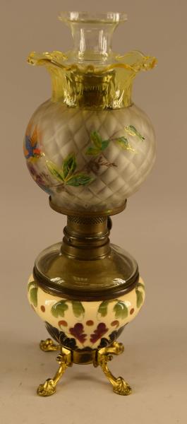 Matthews And Willard Piano Lamp: Featuring A Decorated Small Oil Lamp With A Decorative Fount Holder, The Burner And Hurricane Are Marked Matthews And Pillard. Measuring 11.5" Tall And 4" Wide. In Good Condition, The Glass Hurricane 