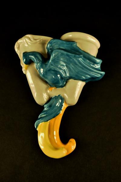 Fulper Double Bird Wall Pocket: Fulper Double Bird (shape 374) Wall Pocket In Shades Of Blue, Yellow, Ocher And Gray. The Vessel Is 9 1/2 Inches Tall And Is Marked With The Ink Stamp Racetrack Logo And The Shape Number.