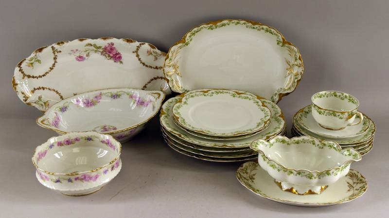Haviland Limoges Green Rose And Gold Trim China: Consisting Of 2-7.5" Luncheon Plates, 6.25" Bread Plates (1 Chipped), 4-9 5/8 Dinner Plates, 1-11.75" Tray, 1-gravy Boat And Under Tray, 2.75" X 8" X 6", 1 Cup And Saucer. Together With Two Pieces Of 