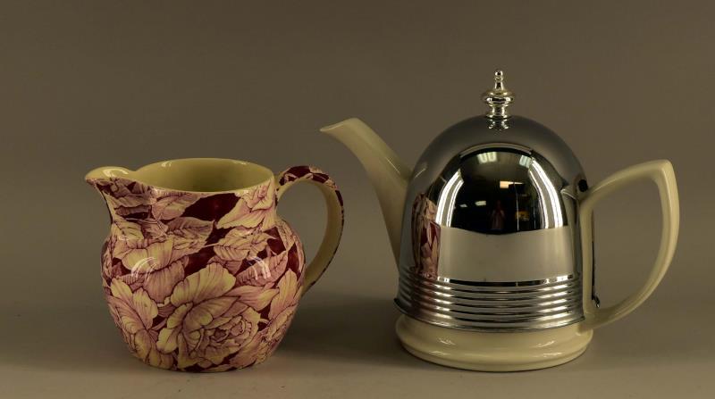Hall Tea Pot And Cozy: Consisting Of A Hall Stoneware Tea Pot With Cozy. Together With A Red And White Myott Sons Milk Pitcher. The Tea Pot Measures 8" Tall And 10" Spout To Handle. Both Pieces Are In Good Condition, No Nic