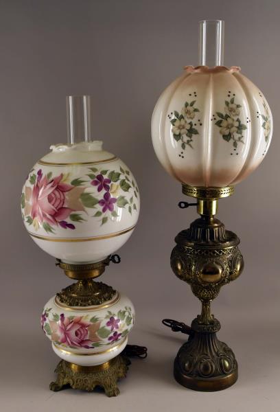 Two Contemporary Glass Shade Lamps: Consisting Of A Brass Pedestal Lamp With A Gone With The Wind Shade. Together With A Contemporary Rose Painted Gone With The Wind Lamp. The Tallest Measures 32" Tall And 11" Across. Both In Good Worki