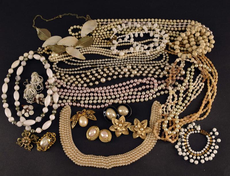 A Group Of Faux Pearl Jewelry: Consisting Of Necklaces, Earrings And Bracelets. Including A Miriam Haskell Glass Necklace.