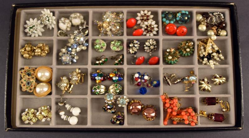 Thirty Four Pair Of Vintage Earrings: Consisting Of Hallmarks Of Vogue, Hattie Carnegie, Miriam Haskell, Vendome, Lisner, Hobe, Marvella, Bogoff, Boucher And Eugene. All Are In Good Condition, No Missing Stones.