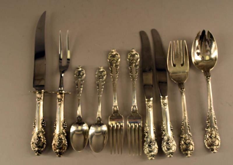 Wallace Sir Christopher Sterling Flatware: Consisting Of Two Tea Spoons, Two Forks, A Slotted Serving Spoon, Meat Fork, Carving Set And 2 Knives. Not Including The Carving Set And Knives 12.4 Ozt.