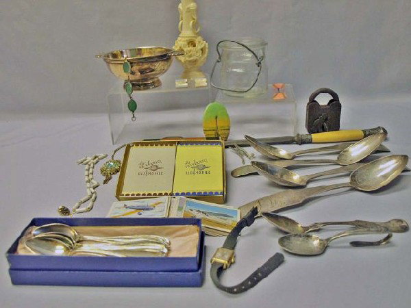 Collection of Misc Items: Airplane cigarette cards, M.W. Co. vintage lock w/key but rusted shut, Oldsmobile playing cards, oriental composition puzzle vase, silver plate flatware, cufflinks, bone handle steel and more.