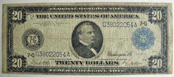 1914 Grover Cleveland Large $20 Currency: Signed White Mellon, upper case district letter is 7-G, Chicago bank.