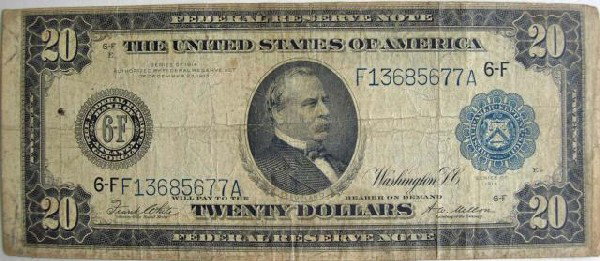 1914 Grover Cleveland Large $20 Currency: Signed White-Mellon, upper case district letter is 6-F, Atlanta Georgia bank.