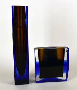 Two Mid-century Hadeland Norway Art Glass Vases: Featuring Two Micentury Glass Vases In Multicolor, Both Marked On The Bottom Hadeland, One With The Original Paper Label. The Tallest Vase Measures 12" Tall And 2.75" Deep. The Smaller Vase