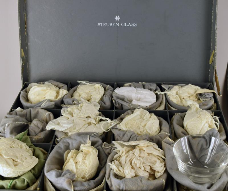 Set Of 12 Steuben Finger Bowls, Pattern 7877: Steuben (american), 20th Century. George Thompson (american, 1913-1981) Designer, Pattern 7837 (introduced 1940), Set Of Twelve Colorless Glass Finger Bowls, Each Having A Heavy Base. Also Included Is