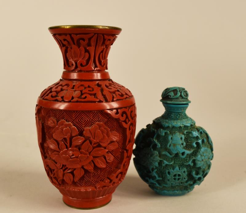 Carved Red And Green Cinnabar Snuff Bottle & Vase (1 of 4)