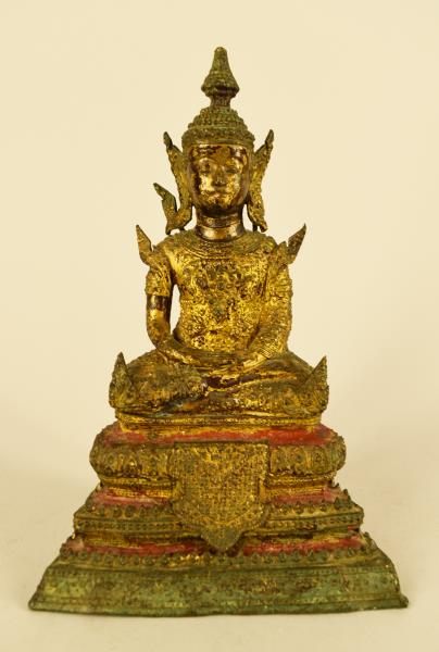 Gold Gilt Metal Hindu Goddess Lakshimi Sitting: Featuring A Sitting Depiction Of The Goddess Lakshimi In Gold Gilt Metal. Most Of The Gold Has Been Worn Off, No Cracks. The Top Point May Be Missing From The Head. The Figure Measures 7" Tall And 4.5