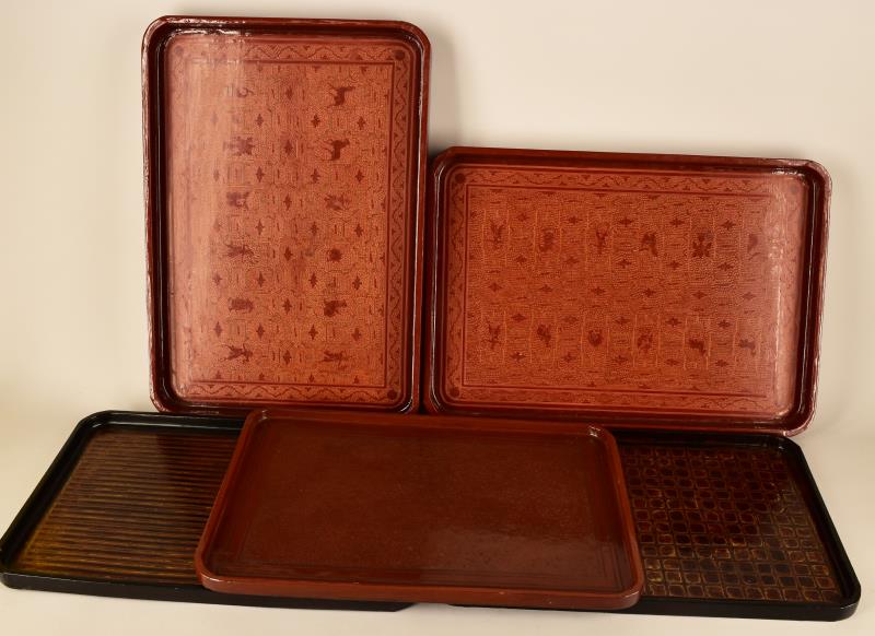 20th Century Lacquer Myanmar Trays: Consisting Of Five Lacquer Trays Measuring Between 19" X 13" And 18" X 12". In Various Shades, Four Are In Excellent Condition, No Chips Or Cracks. One Has Cracking On The Bottom Of The Tray.