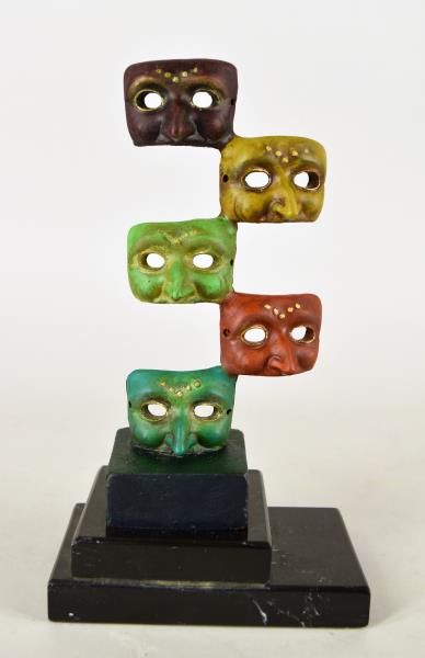 Alejandro Quijano Harlequin Mask Sculpture: Alejandro Quijano (mexican, B. 1957) Featuring Five Various Harlequin Masks, Signed A Quihano On The Back Along With 7/9, '99. Measuring 9" Tall, 5" Wide And 3" Deep. In Very Good Condition.
