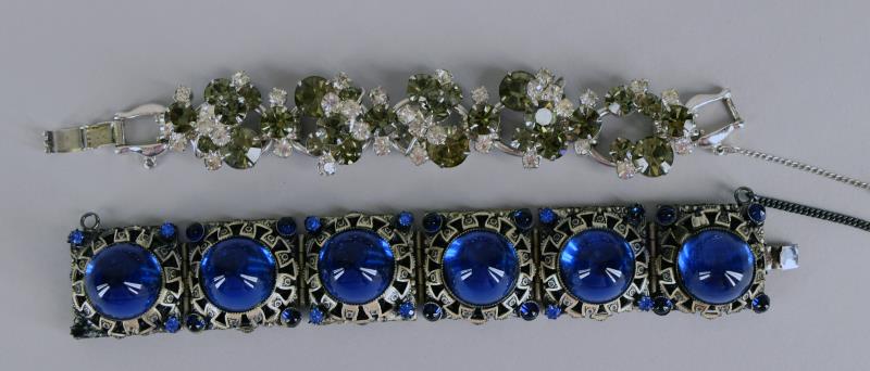 Vintage Rhinestone 6 Link Bracelets: Featuring A Blue Rhinestone Bracelet, Measuring 7" Long And 1" Wide, Every Link Is 1" Square. In Good Condition, Missing One Small Stone In A Corner And One Rhinestone Is Sideways In The Mounting. Tog
