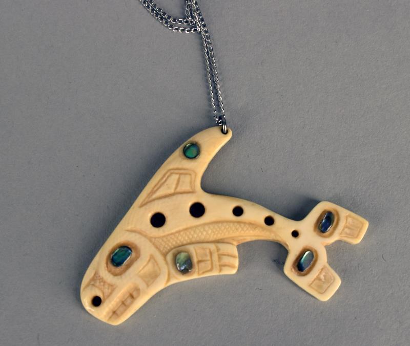 Patty Fawn (20th Cent. Kwakiutl) Whale Pendant: Whale Pendant Necklace With A Sterling Silver Chain Link 24'' Necklace With Whale Pendant 2'.25" X 1.5" Inlaid With Abalone. Signed On Back. Excellent Condition. Member Of The Lelooska Family.