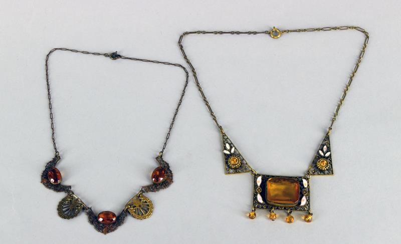 Victorian Amber And Enamel Glass Necklace: Featuring A Glass Amber Center Stone And White Enamel Leaves, Measuring 16", With The Center Pieces Measuring 1.5" Wide And 1" Long, In Very Good Condition. Together With Another Victorian And Amber G