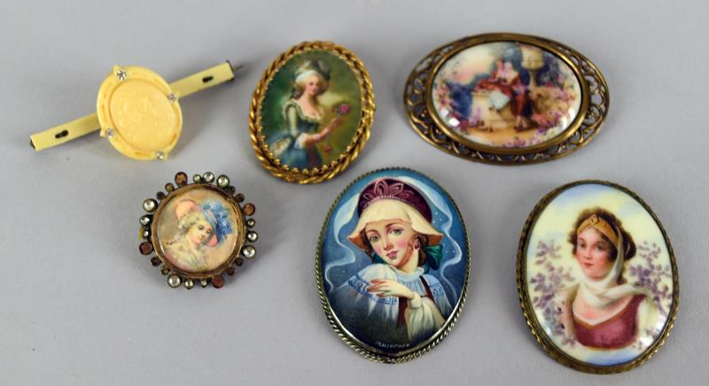 Six Painted Cameo Pins Or Brooches (1 of 18)