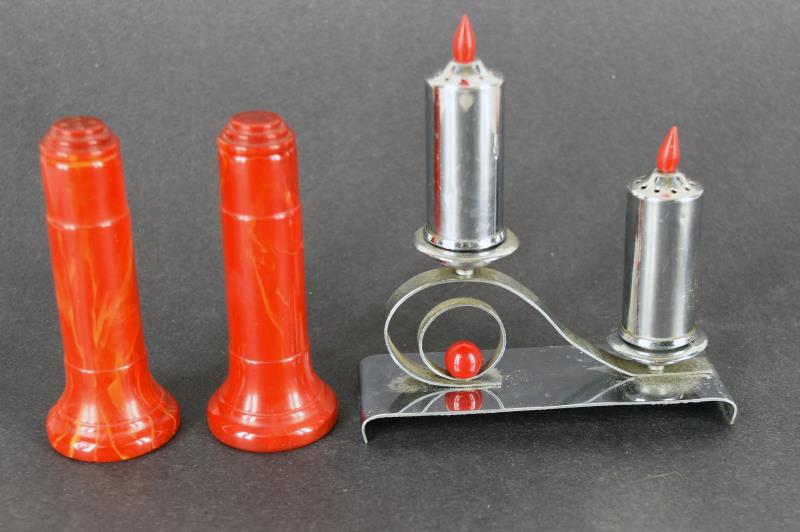 Bakelite Red Mottled Salt And Pepper Shakers: Featuring A Salt And Pepper Shakers In Red Bakelite With Motted Yellow, Measuring 3.5" Tall, In Excellent Condition. Tested And Guaranteed To Be Bakelite. Together With A Japan Chrome Salt And Pepper 
