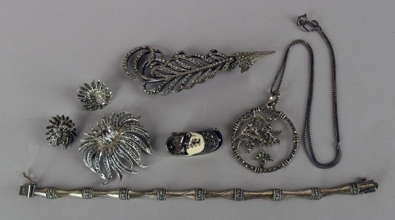 Group Of Sterling Silver Marcasite Jewelry: Consisting Of A Sterling Silver Marked Bracelet 7" Long Marked Sterling And J J. A Sterling Silver Box Chain With Sterling Marcasite Pendant, 17" Chain And 1.5" Pendant, A J J Marcasite And Sterling S