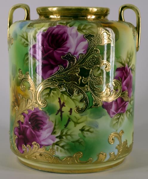 Nippon Gold Gilt And Roses Vase: Featuring An Unmarked Nippon Hand Painted Red Roses And Gold Gilt Double Handle Vase. Measuring 9" Tall And 8" Across The Handles. No Nicks, Chips Or Cracks, Wear To The Gold Gilt On The Rim And Handl