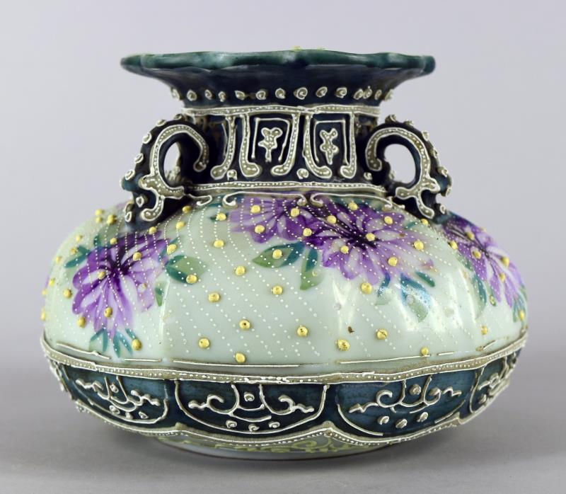 Nippon Moriage Hand Painted Violet Vase: Featuring A Double Handle Unmarked Nippon Vase. Hand Painted With Double Handles. Measuring 4.75" Tall And 6" Across, In Very Good Condition, No Nicks, Chips Or Cracks.