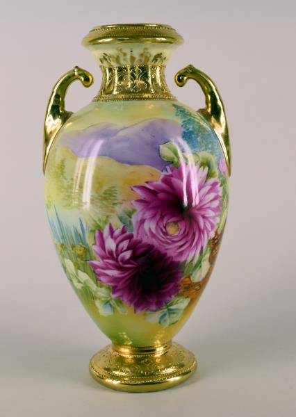 Nippon Hand Painted Chrysanthemum Vase: Featuring A Gold Gilt And Hand Painted Chrysanthemum Vase, Unmarked Nippon. Measuring 10.5" Tall And 5.5" Across Handles. In Very Good Condition, No Nicks, Chips Or Cracks.