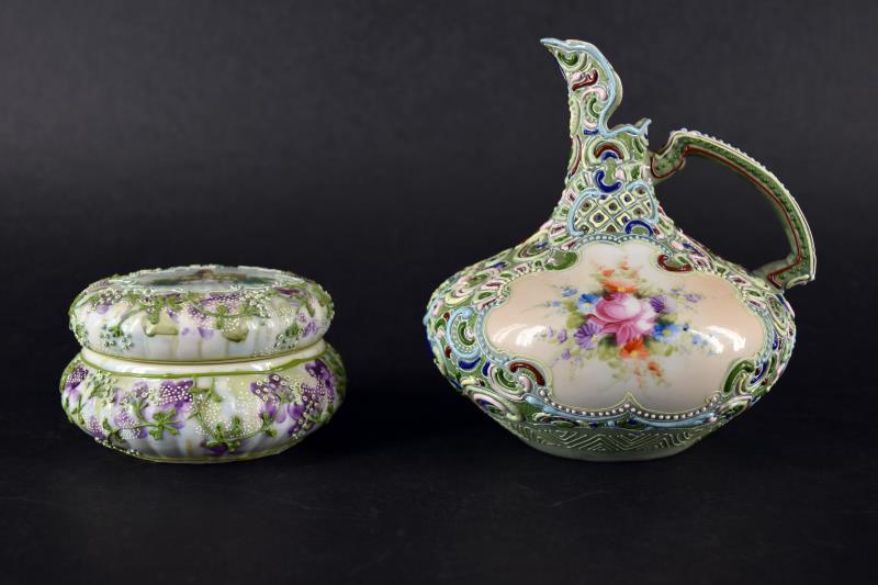 Nippon Hand Painted Moriage Ewer & Powder Box: Feature The Unmarked Nippon Hand Painted Ewer With Hand Painted Flower Sprays On Each Side. The Ewer Measures 7" Tall And 6" Wide, In Excellent Condition, No Nicks, Chips Or Cracks. Together With A Ni