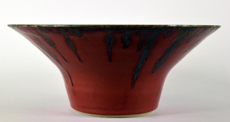Artist Hand Made Ceramic Bowl: Featuring A Red An Silver Drip Ceramic Bowl Impressed With A Crescent Moon And Star Artist Marks. The Bowl Measures 5" Tall And 12" Across, In Excellent Condition, No Nicks, Chips Or Cracks.