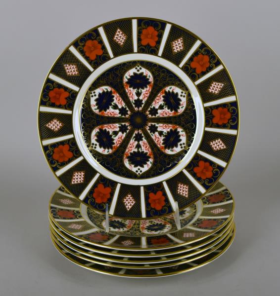 Royal Crown Derby Old Imari Dinner Plates: Consisting Of Six Dinner Plates Measuring 10.5" Across. Five Of The Plates Are In Excellent Condition, No Nicks, Chips Or Cracks. One Has A Tiny Rough Spot On The Edge Of The Plate, A Photo Is Include