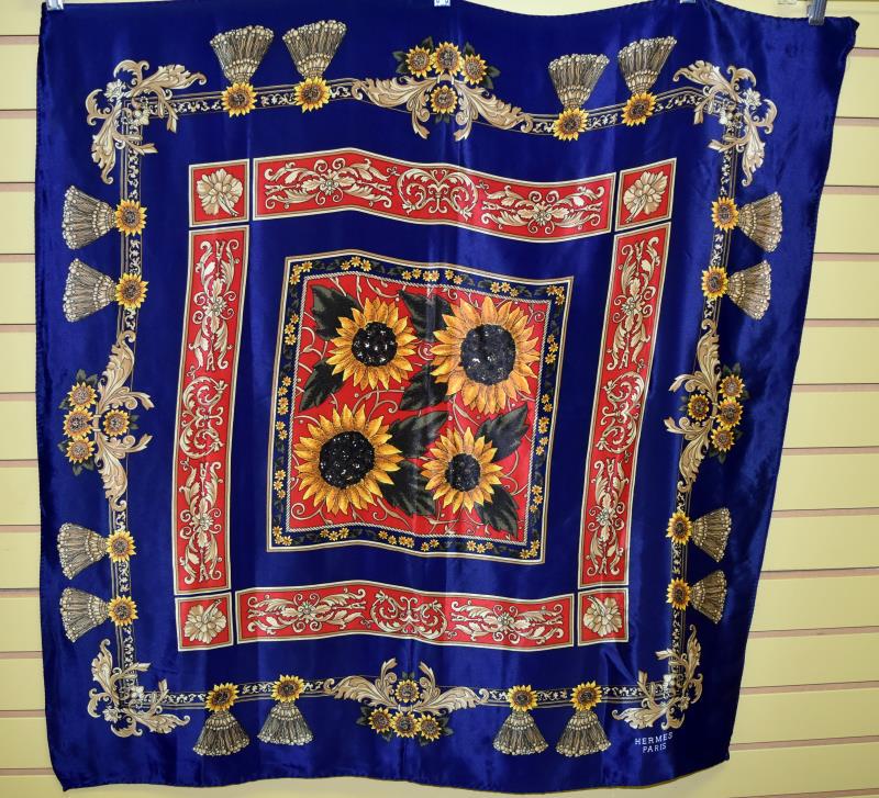 Hermes Paris Sunflower Scarf: Featuring The 100% Silk Sunflower Scarf From Hermes Paris. The Scarf Measures 35" X 34", One Corner Of The Hem Has Become Unraveled And There Are Two Tiny Pin Size Holes From A Jewelry Pin In A Corner
