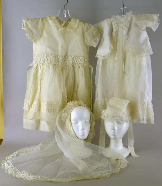 Infant Christening Gown & First Communion Gown: Featuring An Infant Christening Gown, With Under Skirls, Small Jacket And Hat. No Tags But Infant Size 0. Together With A Vintage First Communion Gown And Veil. The Dress Measures Almost 15" Across Un