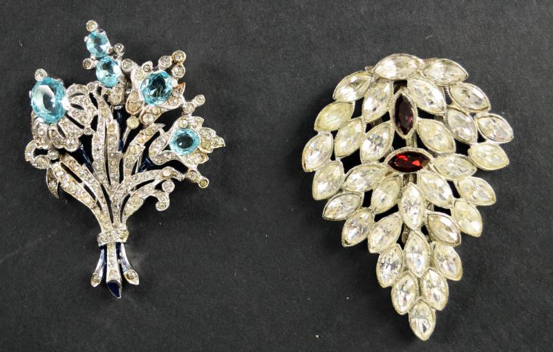 Vintage Trifari Rhinestone Fur Clip: Featuring A Stunning Blue And Rhinestone Crown Trifari Fur Clip, Measuring 2.5" Long And 2" Wide, In Good Condition, No Missing Stones. Together With Another Rhinestone Dress Clip, Unmarked, Measuring