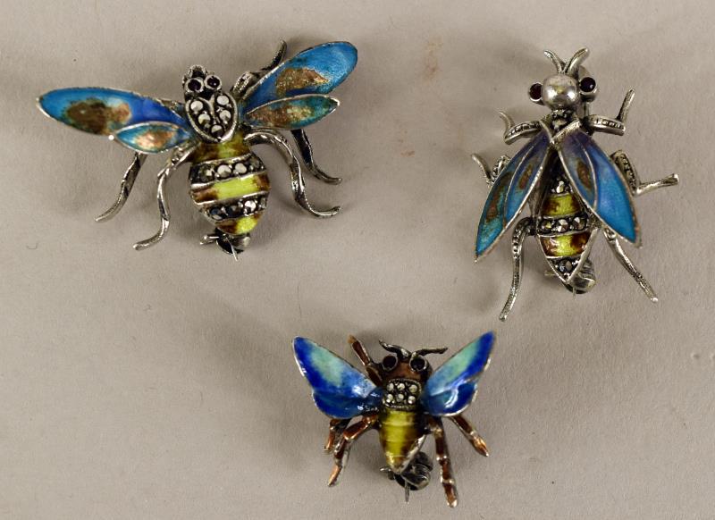 Three German Sterling And Enamel Bug Pins: Consisting Of Three German Sterling Silver, Marcasite And Enamel Fly Or Bee Pins. All Marked Germany Sterling Silver. They Measure Approximately 1" Long And 1" To .5" Wide. The Wings All Have Multiple