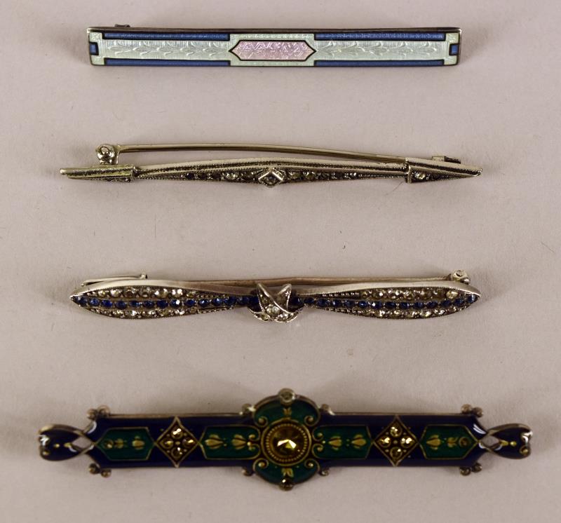 Victorian Sterling Marcasite And Enamel Bar Pins: Featuring Four Bar Pins, All Marked Sterling. Two Are Sterling And Marcasite, Measuring 2.5" Long And .25" Wide, Both In Excellent Condition. The Two Enamel, One Is Marked Sterling The Other Is Hallma