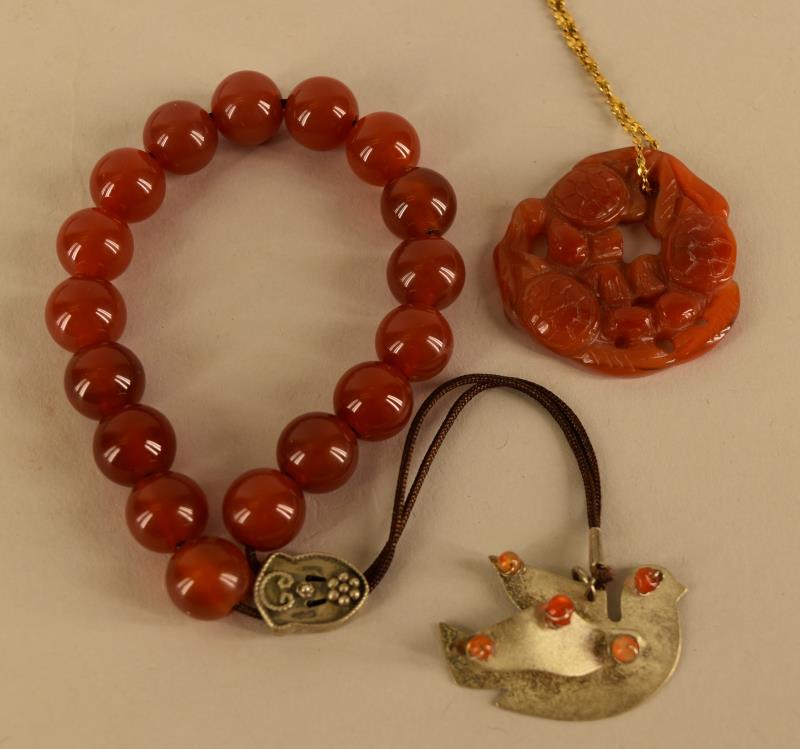 Carved Carnelian Stone And Beads: Featuring Carnelian Prayer Beads, Measuring 8" Of Beads With And Additional 5" To The Bird, Marked With 925 On The Back. Together With A Carved Carnelian Pendant Of Stylized Turtles, Measuring 1.5" Ac