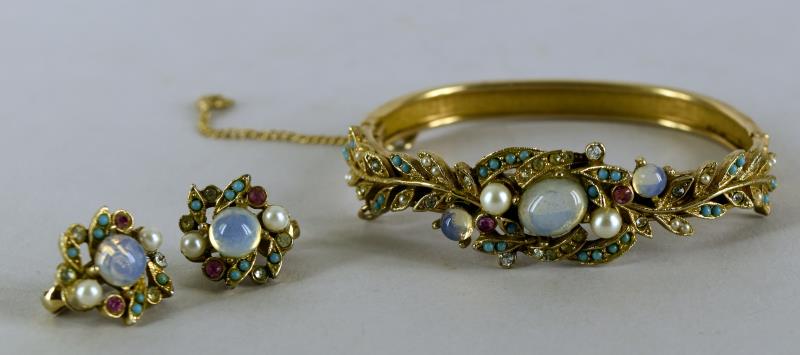 Vintage 1940's Or 50's Goldtone And Rhinestone Set: Featuring A Bangle Bracelet And Earrings With Pink Rhinestones, Turquoise And Opalescent Center Stones, No Hallmarks, The Bracelet Measures 2.25" Across The Center And.5" Wide, The Earrings Are .5" Ac