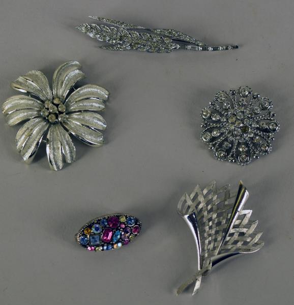 Five Vintage Silvertone Pins: Consisting Of Two Trifari And Three Unmarked. All In Good Condition, The Longest Measures Over 3".