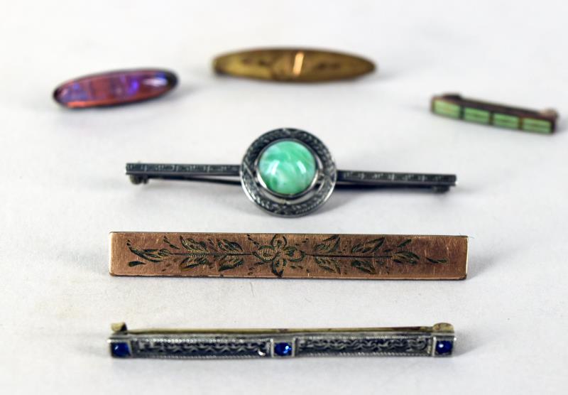 Victorian Sterling Silver & Enamel Bar Pins: Consisting Of Six Bar Pins, Three Marked Sterling, Two Unmarked Gold Filled And An Unmarked Enamel. The Sterling Consist Of Sterling Filigree And Iolite Blue, A Green Stone Center And A Color Variant