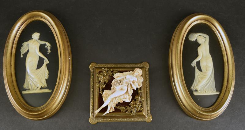 Mid-century Modern Burwood Plaques: Featuring Two Burwood Plaques Of Maiden Silhouettes, Both Marked Burwood Products. Together With A Reclining Maiden Paperweight. The Plaques Measure 8.5" By 5". All The Pieces Are In Good Condition, N